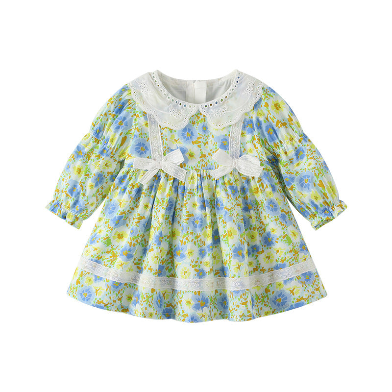 Girls' dress - new spring/autumn  collection - country style floral print, bow accent, lace collar princess dress