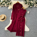 Elegant and chic: oversized knit cardigan with midi length + sleeveless bodycon dress with metallic buckle detail