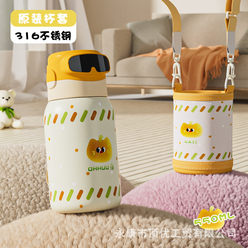 High-style stainless steel fingerprint-insulated tumbler, dopamine-boosting large capacity, with carrying strap and straw, portable sports water bottle for kids