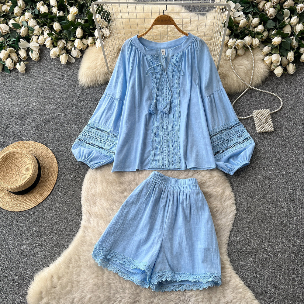 Gentle wind yellow cut outlacetwo-piece set female autumtie back lantern sleeve topssuit relaxed sense outfit