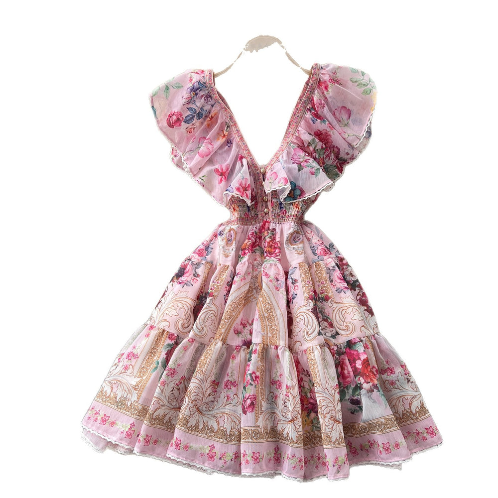 French riviera v-neck ruffle sleeve floral dress - women's summer princess style slimming a-line mini dress