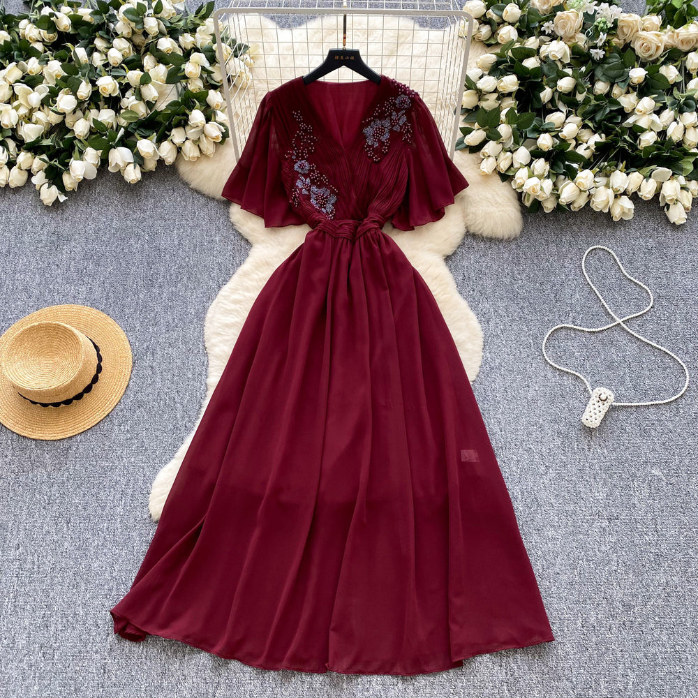 French retro chic v-neck dress - women's summer pleated, beaded, and crinkled design - mature and elegant maxi dress