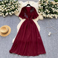 French retro chic v-neck dress - women's summer pleated, beaded, and crinkled design - mature and elegant maxi dress