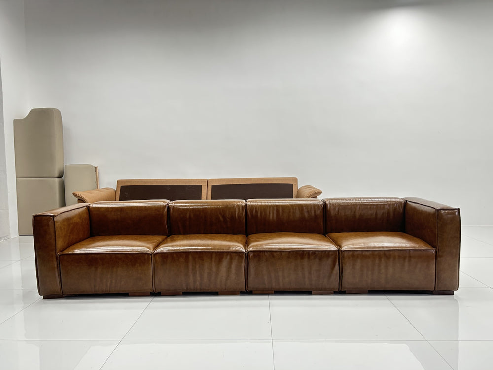 American retro sofa cigar bar living room small apartment straight row genuine leather sofa tofu block sofa module new style
