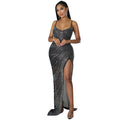 C5915   nightclub hot diamond sexy suspender mesh see-through irregular slit long skirt dress