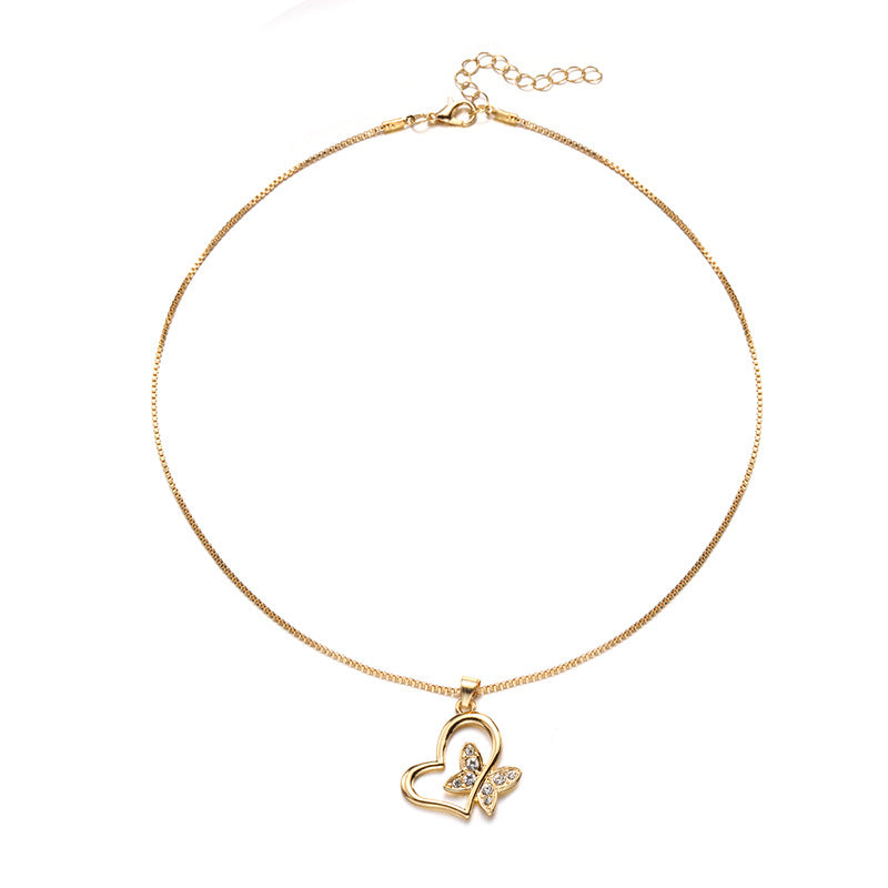 Wholesale heart butterfly necklace - european & american style, autumn/winter accessories, women's diamond-studded gold-plated high-end sweater choker