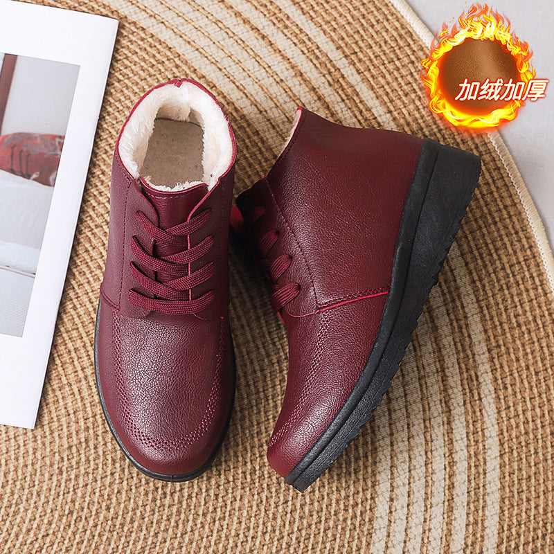 Ladieswear cotton shoes for women winterfleece-linedthickenedheattech short boots for middle-aged and elderly people non-slip waterproofflatsplaid grandma cotton shoes
