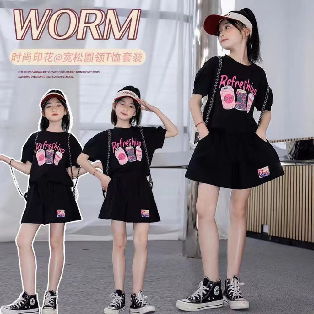 Girls' preppy style outfit, kids'  summer collection, short-sleeved chic spring/summer big girls' jk skirt two-piece trendy set