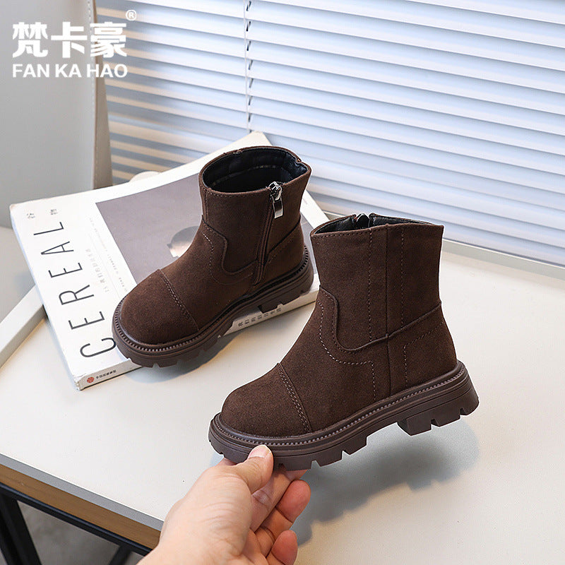 Vancahao children's double-sided fleece ankle boots,  autumn new korean style girls' british vintage martin boots
