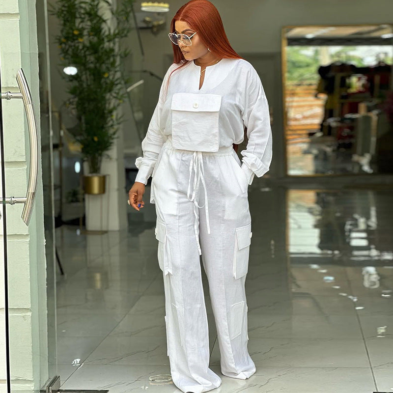 European and american plus-size women's clothing:  spring new arrivals - fashionable loose-fit long sleeve top and large pocket pants set