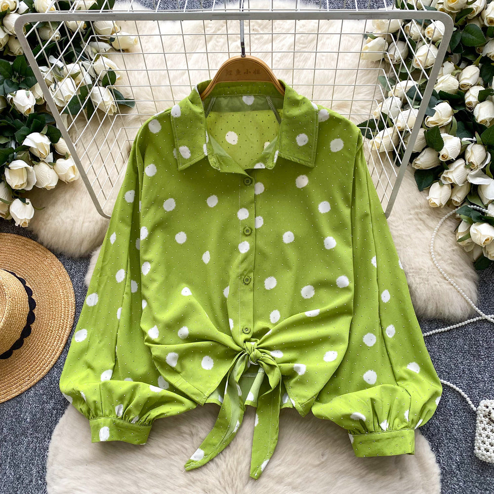 Light mature style strappy waist lantern sleeves polka dot hot diamond shirt women's autumlooseslimming lookcasual women's tops