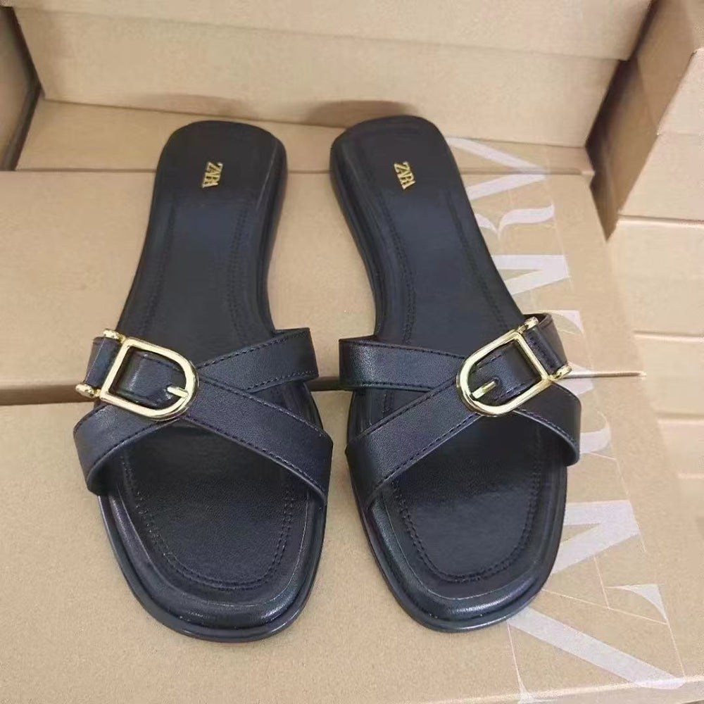 Za women's flat sandals - 2024 spring/summer new arrivals: stylish, versatile color block crossover strap french-style low-cut mules
