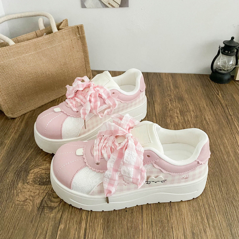 Blue korean style high-value plaid bowknot chunky sole sneakers women's 2026 summer new arrival niche campus white shoes