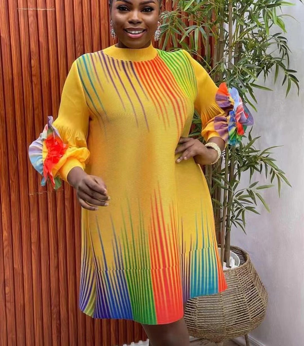 Miura pleated colorfuldress female round neck lantern sleeve looseelegance vertical stripes belly-covering slimming look over-the-knee skirt
