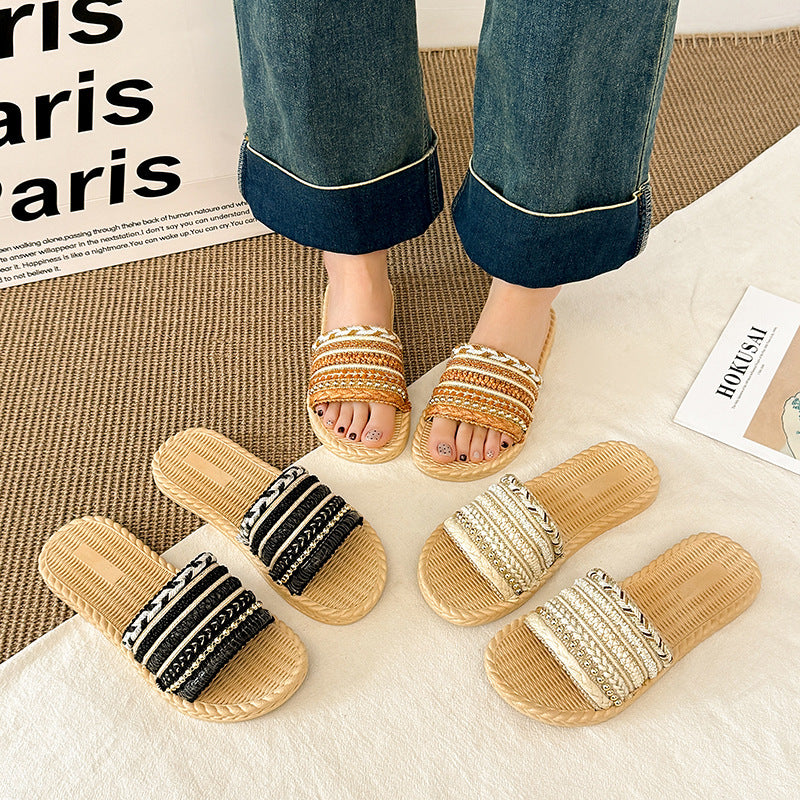 Summer new arrival: faux straw flat sandals - bohemian style lightweight beach slippers - women's sandals in stock