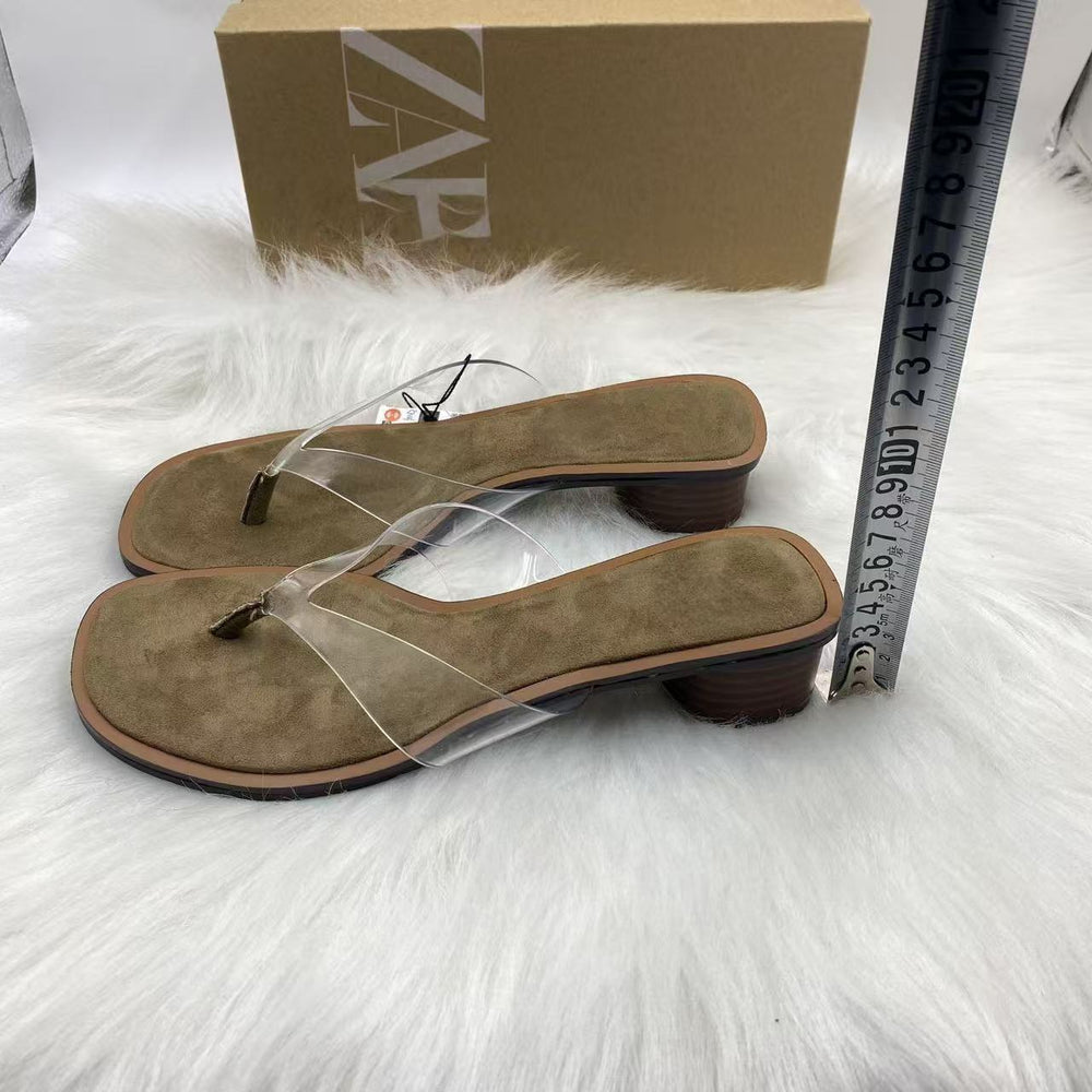 Za's 2025 summer new arrivals: women's wooden heel flip-flops, stiletto heel transparent pvc round toe casual sandals - beauty