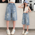 Girl hot diamond denim mid-pants summer style pants kids middle-aged and big kids shorts easiest for matchsummer thin half length pants