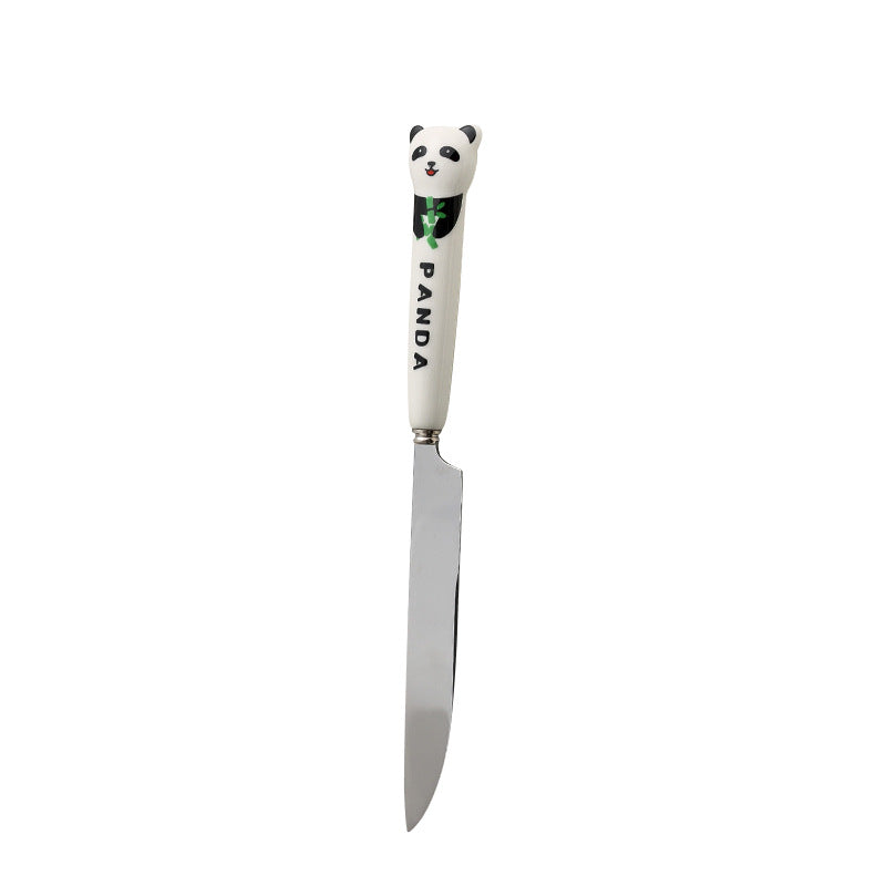 Cartoon stainless steel cutlery set: cute kids' forks with stylish ceramic handles, exquisite dessert spoons, and serving spoons
