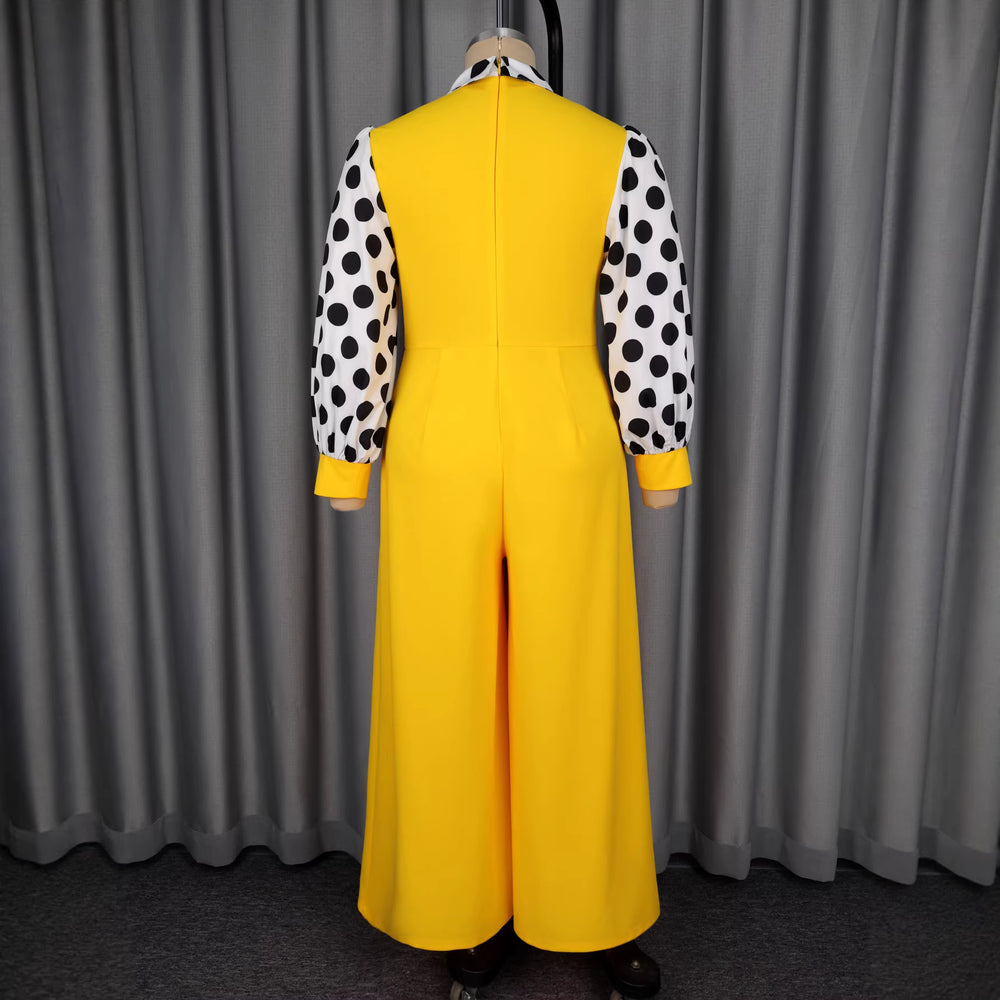 fashion suit lapel jumpsuit silm buttoned polka dot lantern sleeve jumpsuit jumpsuits