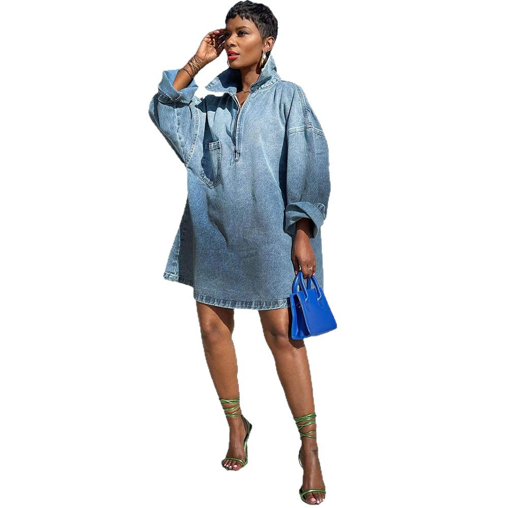 European and american style loose-fit dress -  new arrival - cross-border women's fashion - trendy turn-down collar gradient long-sleeve denim dress