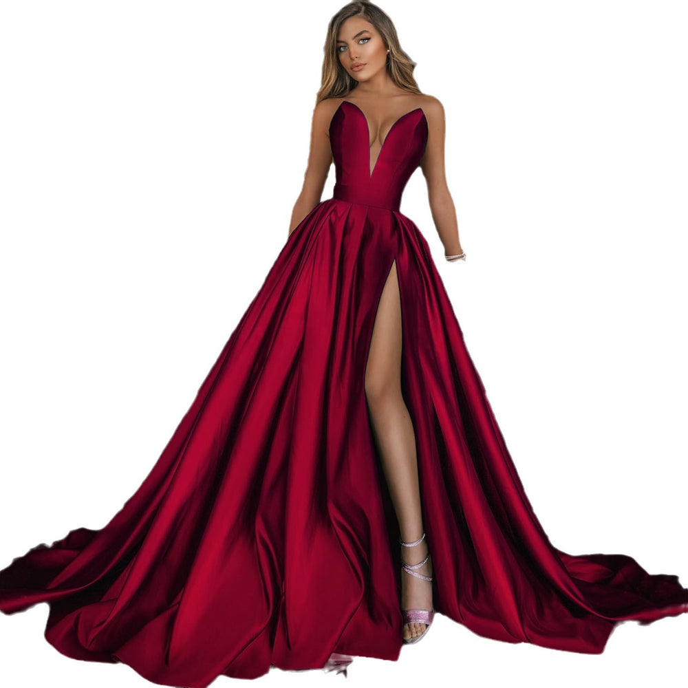 spring/summer new european and american cross-border women's sexy deep v slit dress solid color maxi gown wedding dress