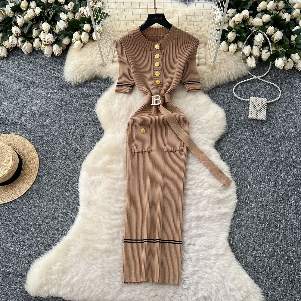 Xiaoxiangfengclassy fashionable metal buckle silm short-sleeved dress women's summer strap waist frenchknitting skirt