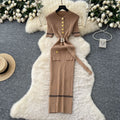 Xiaoxiangfengclassy fashionable metal buckle silm short-sleeved dress women's summer strap waist frenchknitting skirt