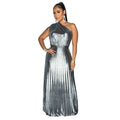 C7506 cross-border   fashion women's elegant gold foil one-shoulder sleeveless solid color dress