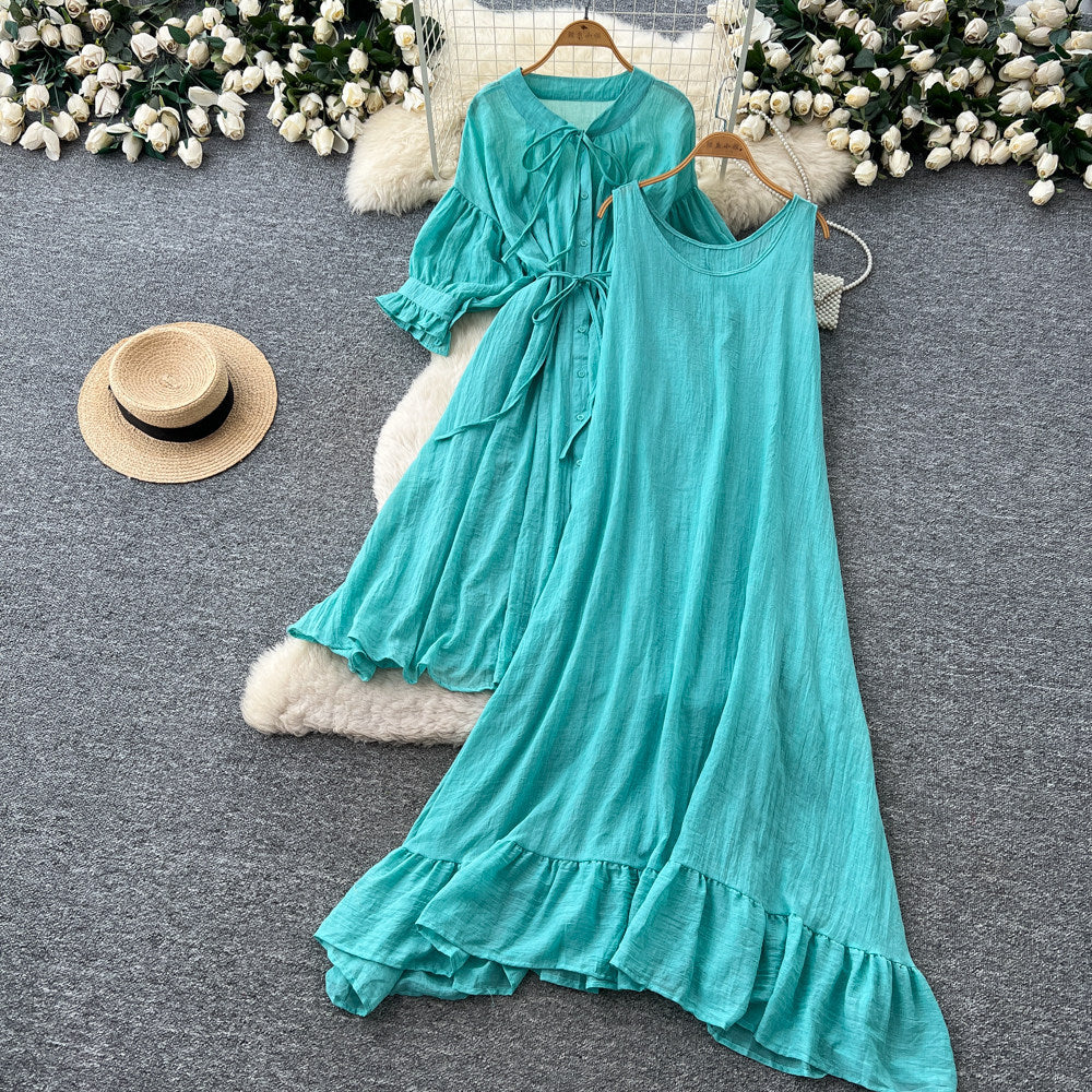 Vacation style yellow ruffles pleated two-piece set female spring autumslimming lookelegantwork clothingsuit skirt classy sense