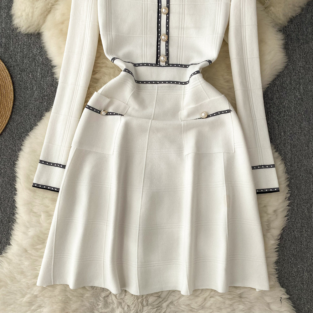 Luxury french-style knitted dress for women - autumn/winter long sleeve, cinched waist, unique design, elegant socialite style