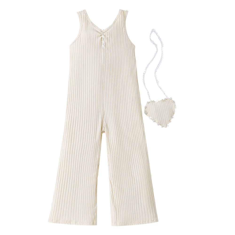 Big kids' (girls') romper, ribbed sleeveless jumpsuit + heart-shaped crossbody bag