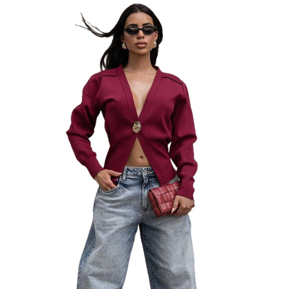 European and american style loose wool cardigan -  cross-border women's sexy deep v-neck metal button open front sweater