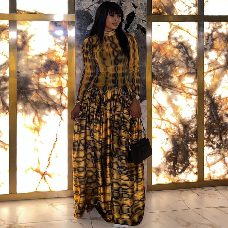 European and American  women's clothing 2025 autumn new fashion temperament semi-turtleneck long-sleeved waist printed long dress dress