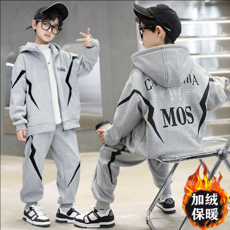 Fall and winternew arrivalkidsoutwearfleece-linedheattech hooded sweatshirt sweatpants suit small and medium-sized boys casual sports suit