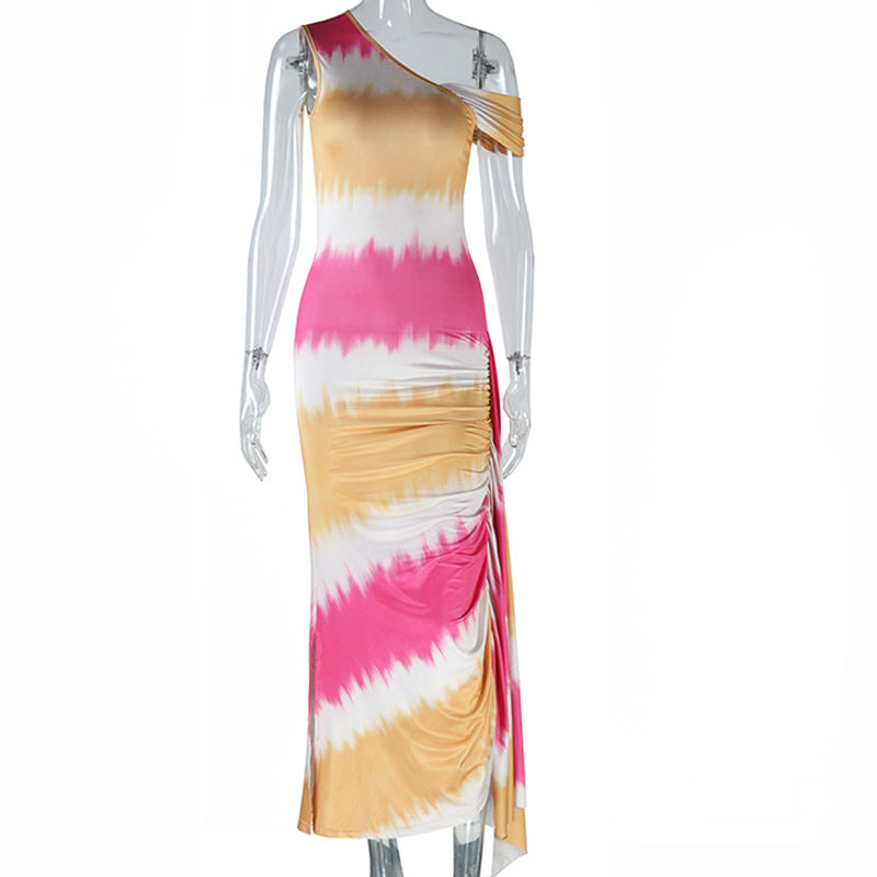 European and American style diagonal collar tight dress medium and long hip skirt printed pullover skirt female manufacturer hair Dress