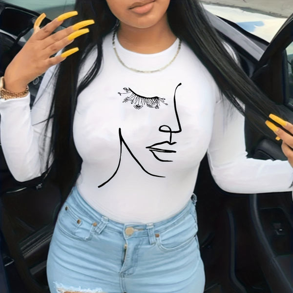 S390641 White Casual Crew Neck Letter Long Sleeve T-Shirt