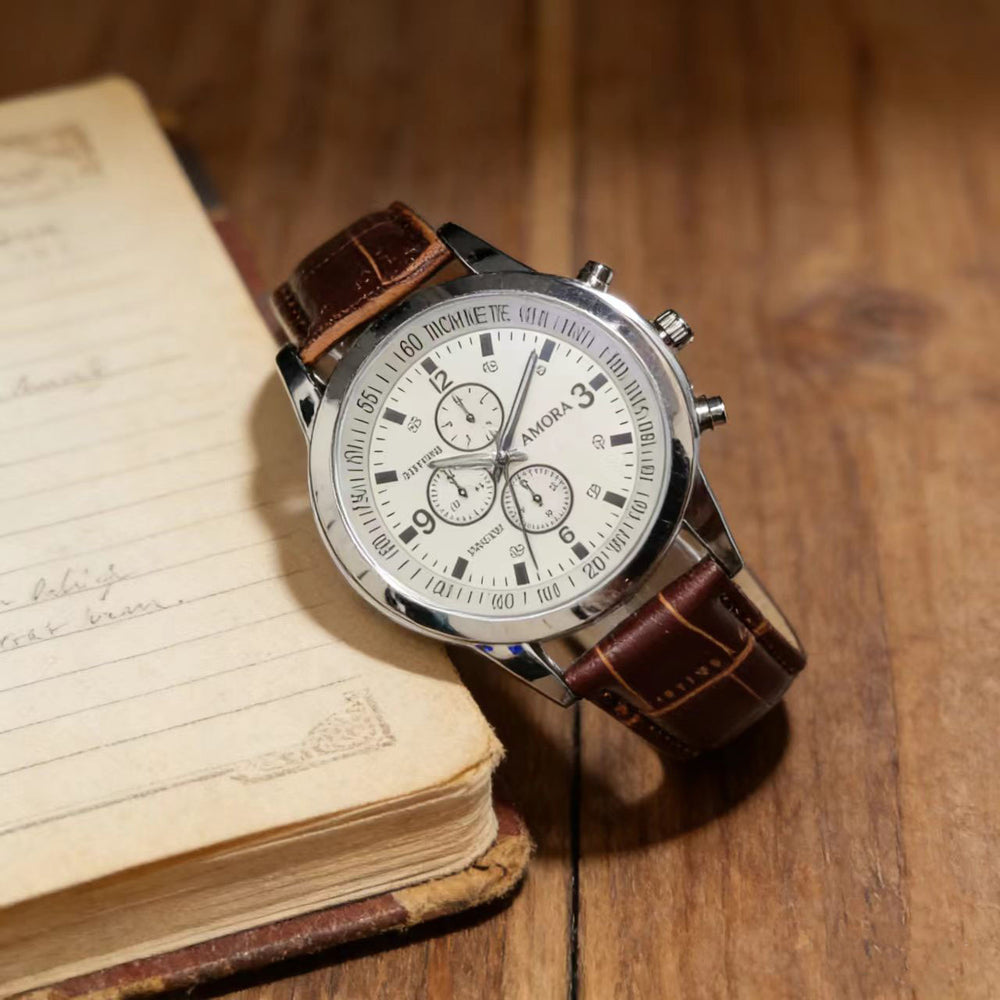 Wholesale cross-border fashion watches for men, men's watches, gift watches, quartz watches, stylish blue light glass leather strap men's wristwatches