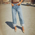 European and american stretch jeans for women,  new arrival, hot selling fashionable streetwear style, rolled hem straight leg washed denim jeans