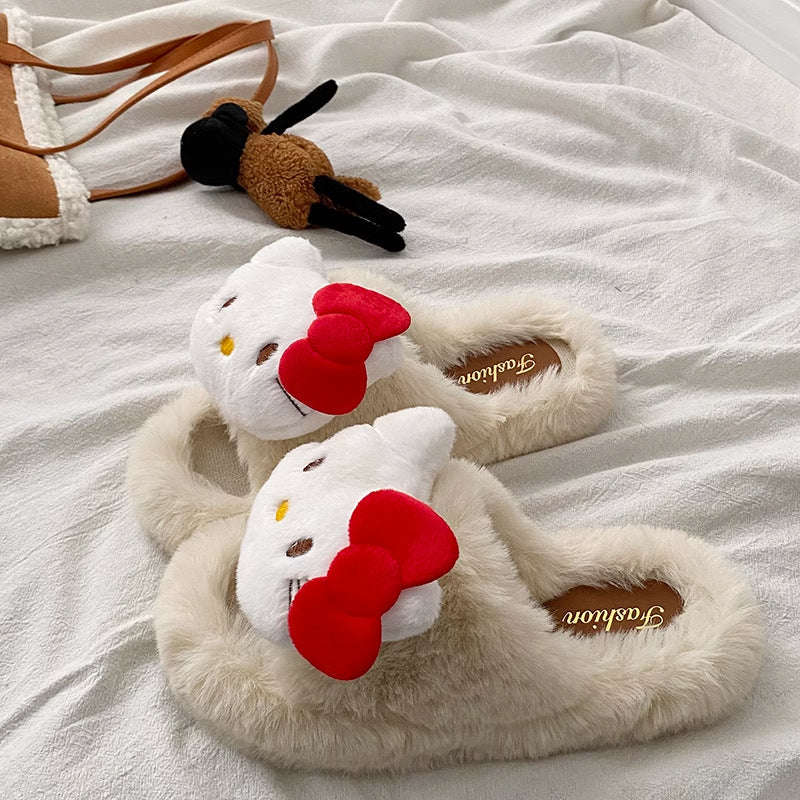 Popular warm trendy versatile cartoon hello kitty thick-soled cotton slippers fuzzy slippers cat autumn and winter women's indoor home slippers