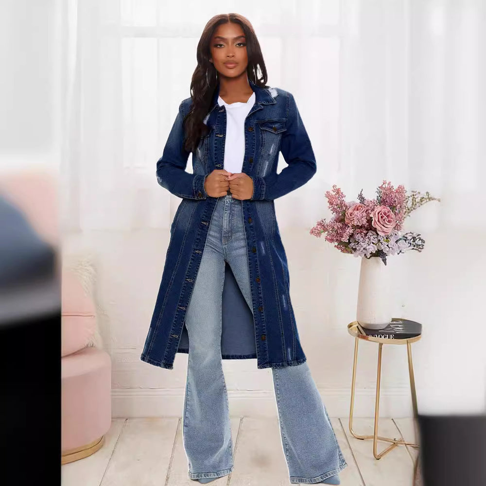 fashion style denim outwear women's  hot-selling new dark washed and worn retro silm long windbreaker