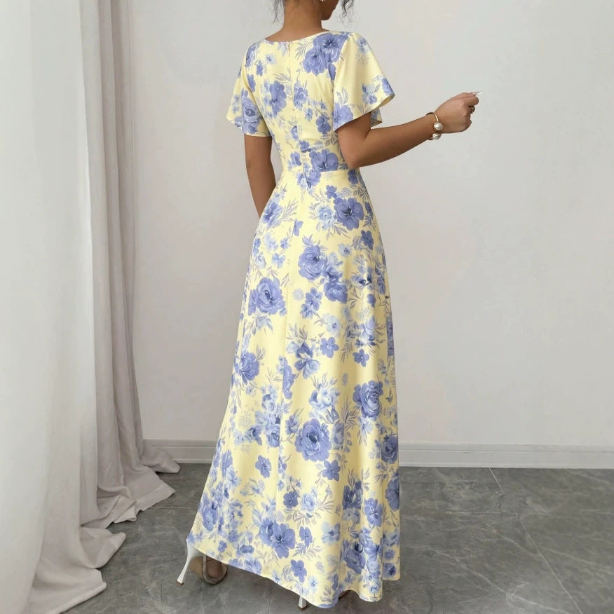 Fashion cross-border  french printingdress low collar chest pleated design short flying sleeves high waist long