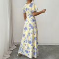 Fashion cross-border  french printingdress low collar chest pleated design short flying sleeves high waist long
