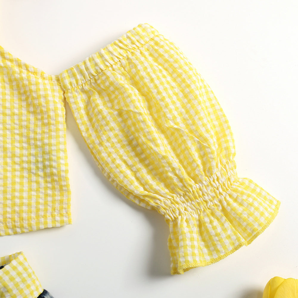 summer new arrival: trendy ins-style cross-border e-commerce export two-piece set for girls - off-shoulder cami with puff sleeves, sweet and adorable