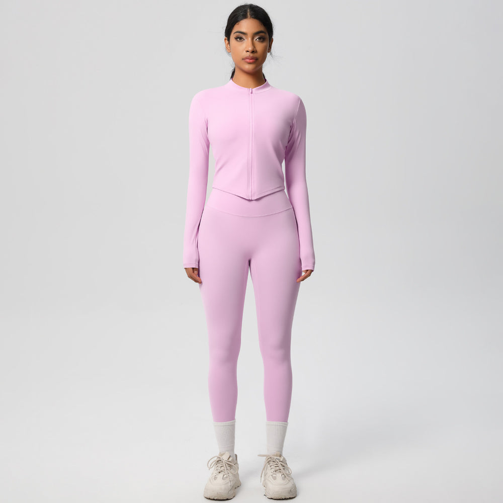 European and american quick-dry seamless zip-up workout set: high-waisted, butt-lifting yoga pants for women, perfect for outdoor running and fitness