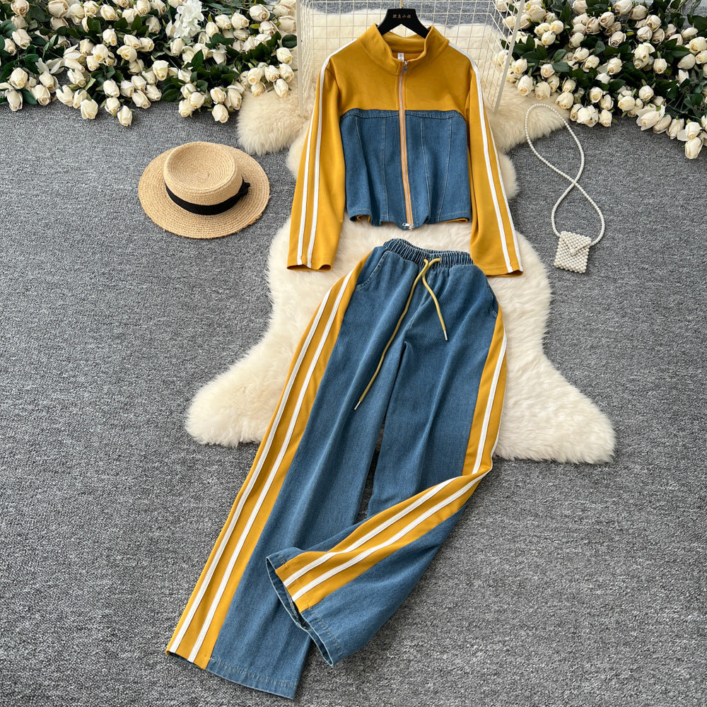 Women's autumn casual outfit: vintage stand collar denim patchwork long sleeve top t-shirt + wide leg straight pants two-piece set