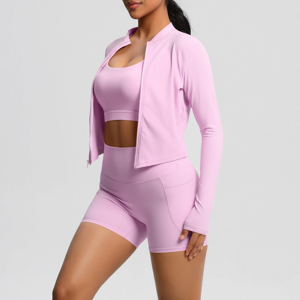 European and american solid color racerback bra, compression yoga top, pocket shorts, cloud-like running fitness set - 3 piece activewear set