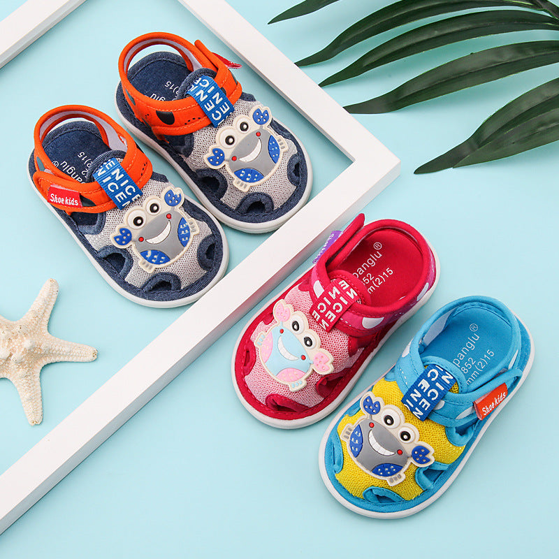 Baby cloth sandals for boys, summer, ages 0-1-2-3 years, infant anti-slip soft sole squeaky shoes, girls' first walker shoes, baby shoes