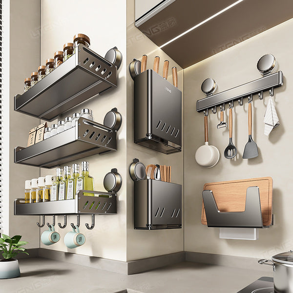 Kitchen Gun Ash Suction Cup Shelf Household Wall Mounted Non-punching Knife Holder Pot Lid Holder Seasoning Storage Rack Set