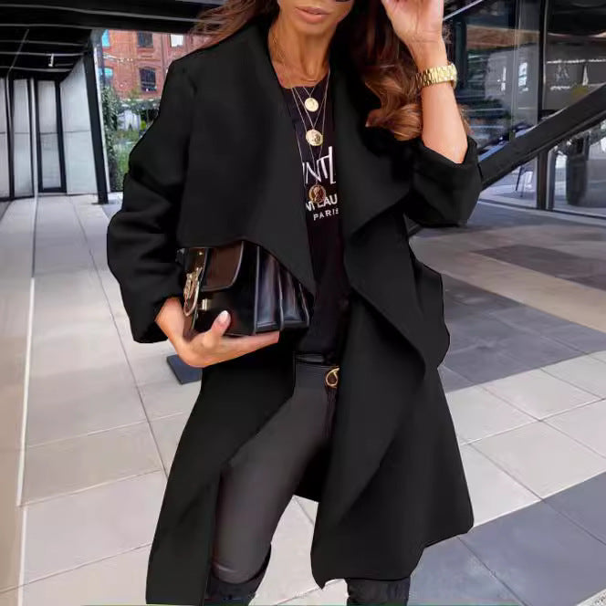 European and American  women  2024 winter new solid color long-sleeved strap coat cardigan loose woolen coat