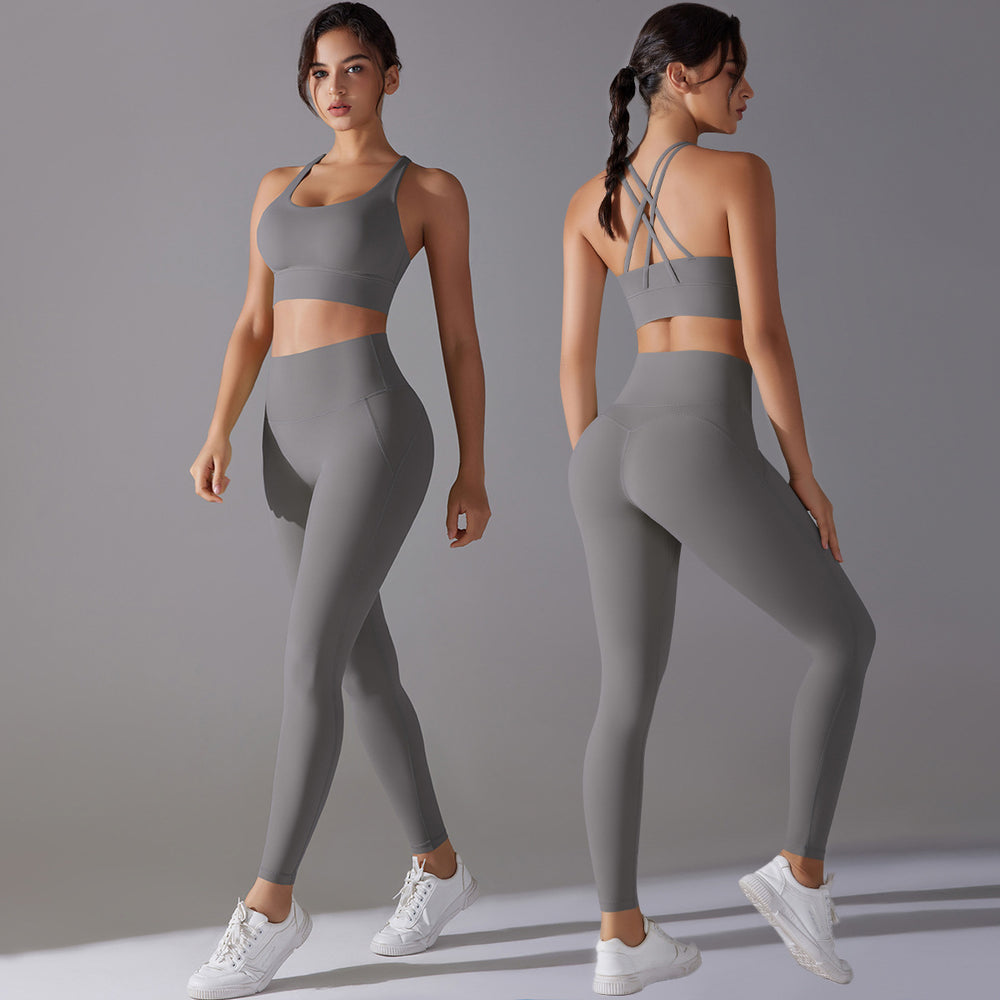 European and american nude feel tight yoga suit cross back quick-drying sportswear high waist hip lifting running fitness suit